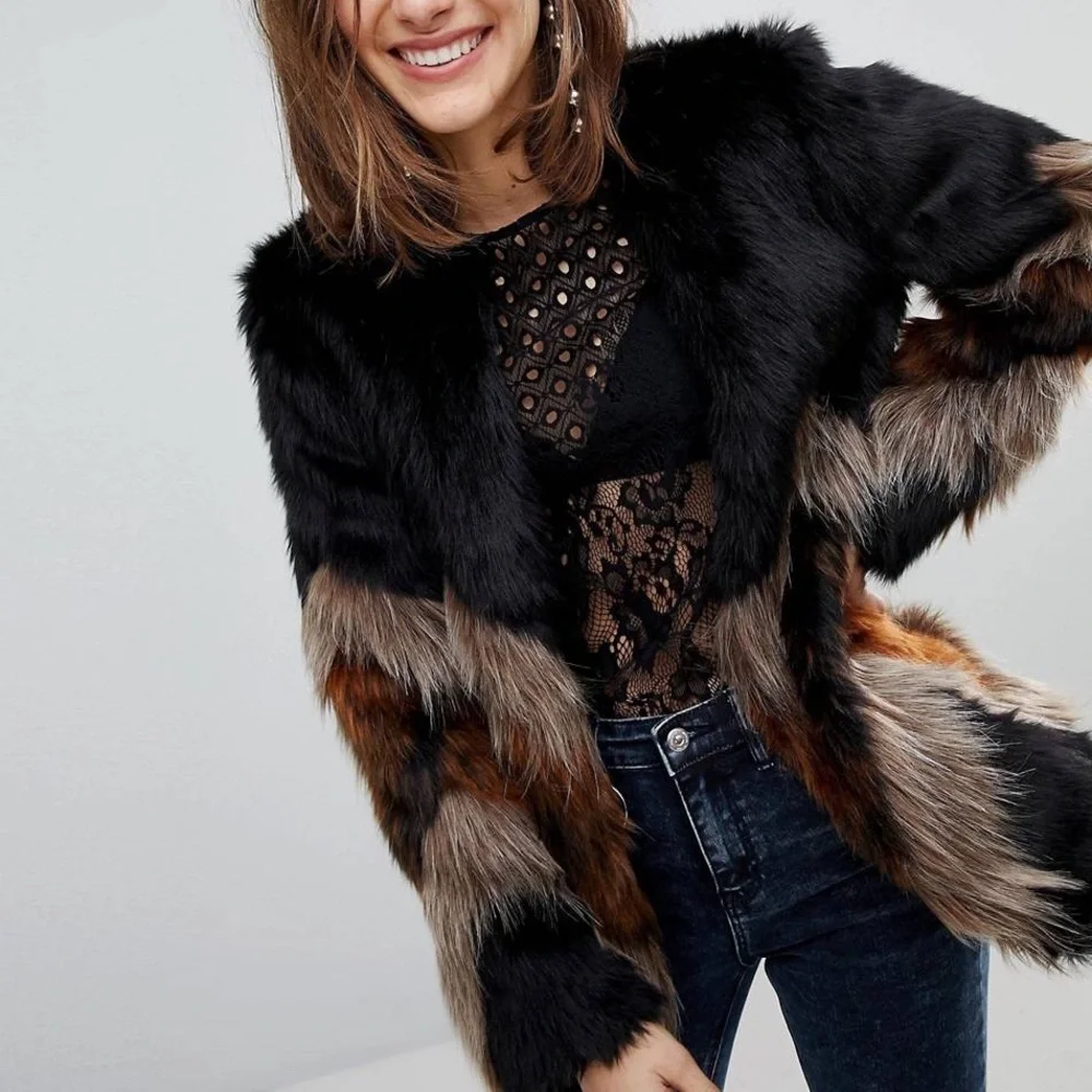 ISO ASOS Stradivarius Zig Zag Stripe Faux Fur Jacket Coat - Picture 4 of 7